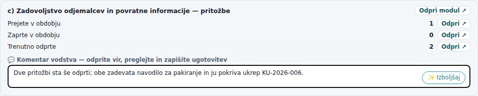Točka pritožb z vpisanim komentarjem vodstva