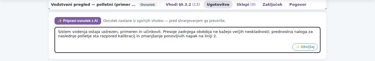 Razdelek Splošne ugotovitve z gumbom za osnutek AI in vpisano oceno vodstva