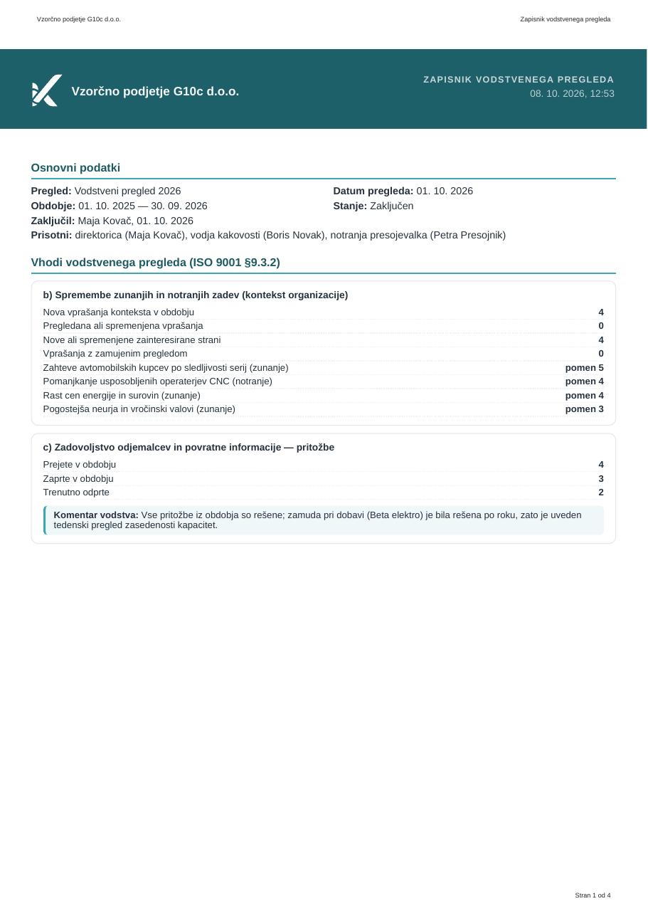 Prva stran zapisnika PDF z osnovnimi podatki in vhodi