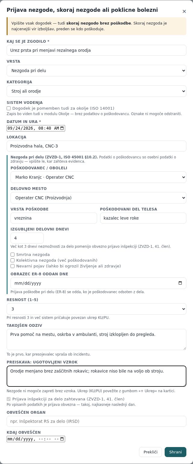 Okno Prijava nezgode: urez prsta pri menjavi orodja, poškodovanec iz registra oseb, delovno mesto iz sheme, 4 izgubljeni dnevi