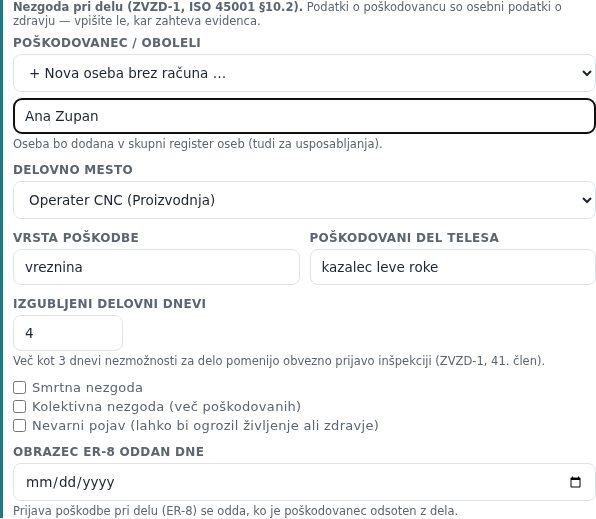Izbira poškodovanca: nova oseba brez računa z vpisanim imenom in delovnim mestom iz organizacijske sheme
