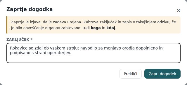 Okno Zaprtje dogodka z zaključkom