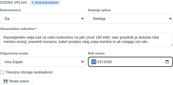 Razdelek Ocena vpliva, izpolnjen: relevantnost Da, vpliv Srednja, obrazložitev, odgovorna oseba in rok