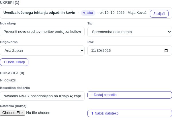 Razdelka Ukrepi in Dokazila: obstoječ ukrep z gumbom Zaključi, obrazec za nov ukrep in vnos dokazil
