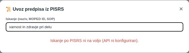 Okno Uvoz predpisa iz PISRS z iskalnim poljem