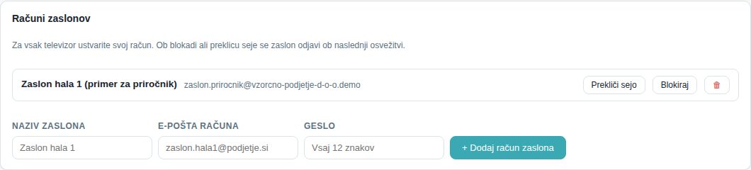 Razdelek Računi zaslonov: obstoječi račun z gumbi Prekliči sejo, Blokiraj in koš ter obrazec za nov račun