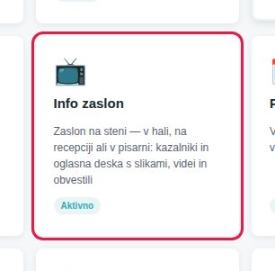 Ploščica Info zaslon na domači strani — vodi na nastavitve (Uporabniki → Info zaslon); prikaz za televizor je na /zaslon
