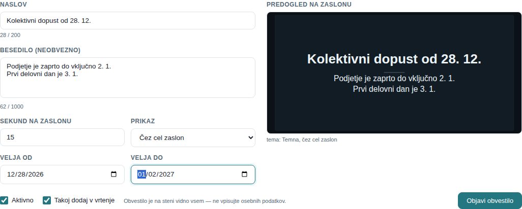 Obrazec + Obvestilo: naslov, besedilo, sekunde, prikaz, veljavnost in predogled v temi zaslona